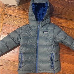 Patagonia Blue and Gray Hooded Puffer Jacket